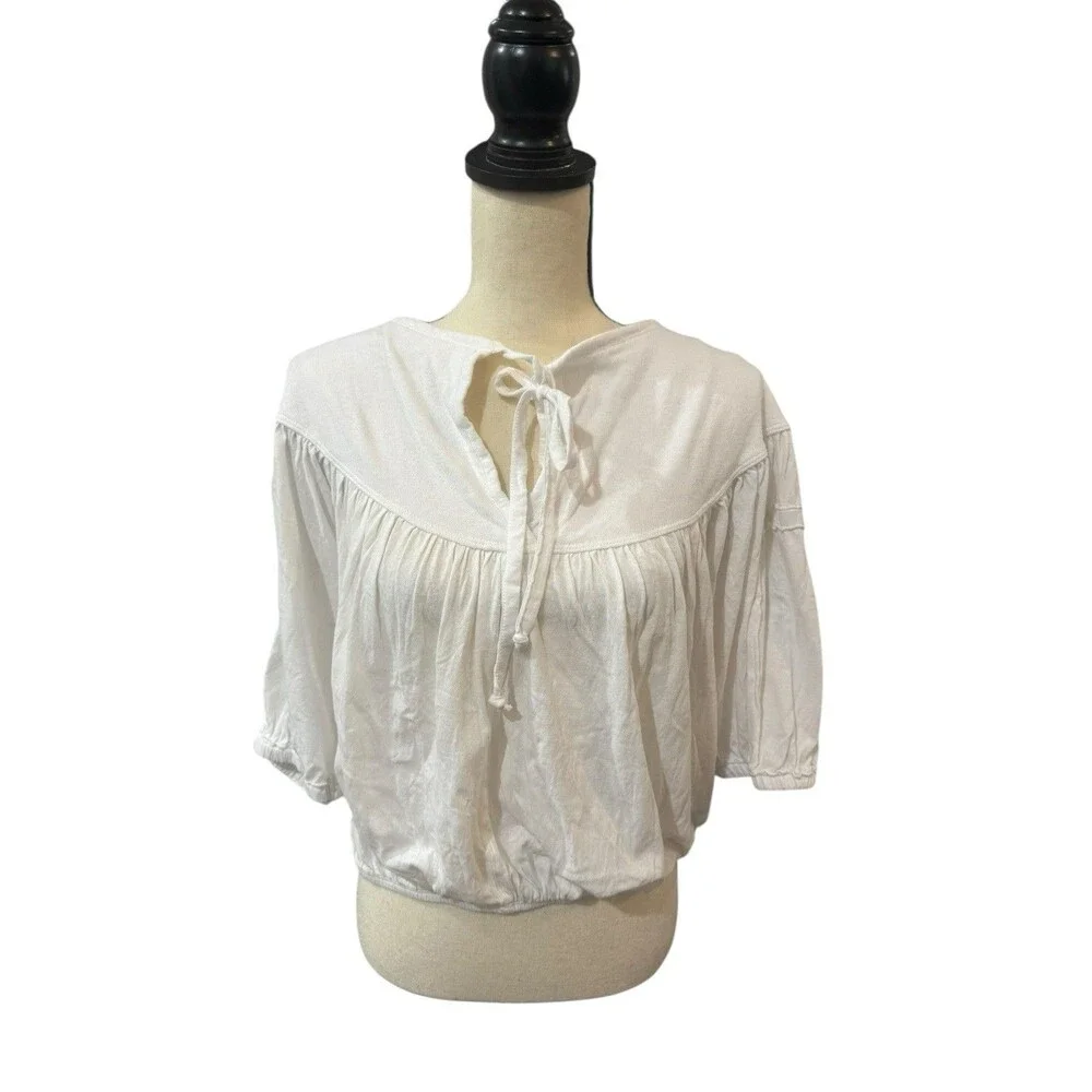 Free People No Good Alone Tee Top Optic White Puff Sleeve V-Neck Size L NWT